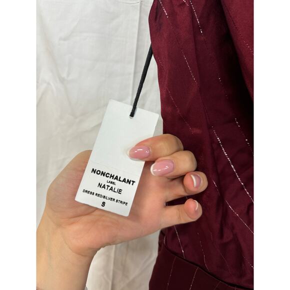 NWT Nonchalant Label Natalie One-Shoulder Drape Minidress Red Metallic Stripes S - Picture 5 of 7